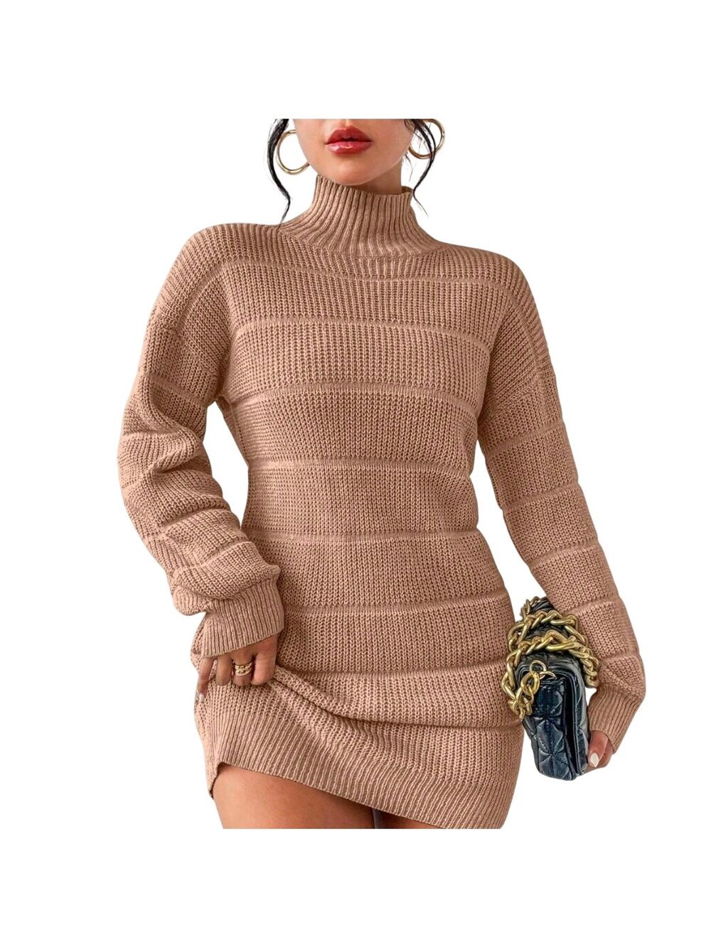 Ribbed Knit High Neck Sweater Dress Drop Shoulder Mini Cozy Minimalist Chic M